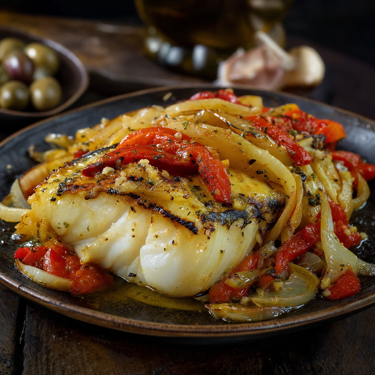 Charcoal Grilled Codfish with Peppers & Onions